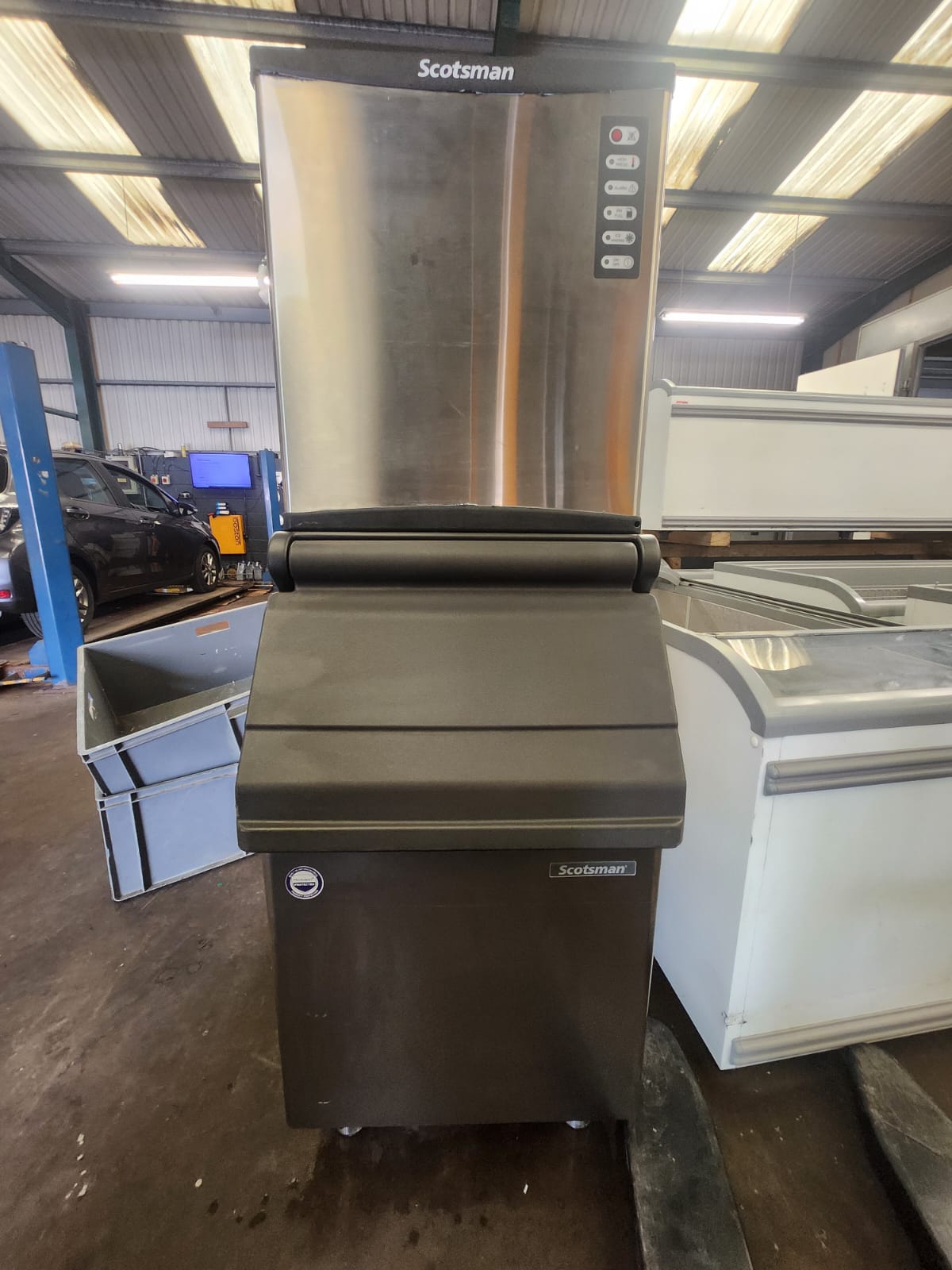 Scotsman NW507AS ice maker — front view with storage bin, stainless steel head unit