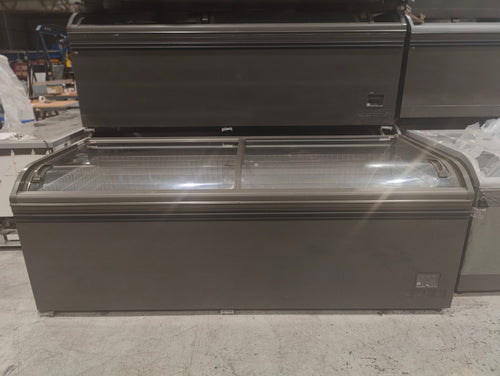 AHT Athens XL chest freezer — front view showing curved glass sliding lids and dark graphite body