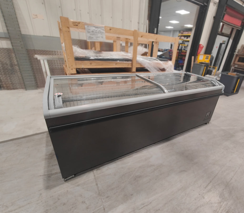 AHT Athens chest freezer — rear angle view showing dark body and open lid