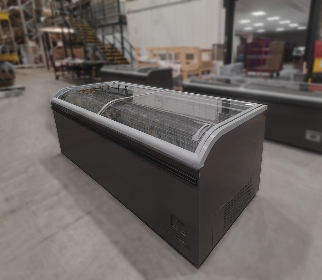 AHT Athens chest freezer — side angle view showing glass lid and ventilation grille