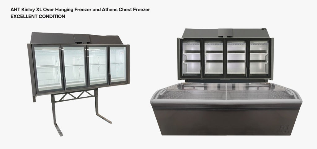 AHT Kinley XL over-hanging freezer and Athens chest freezer — product composite showing both units