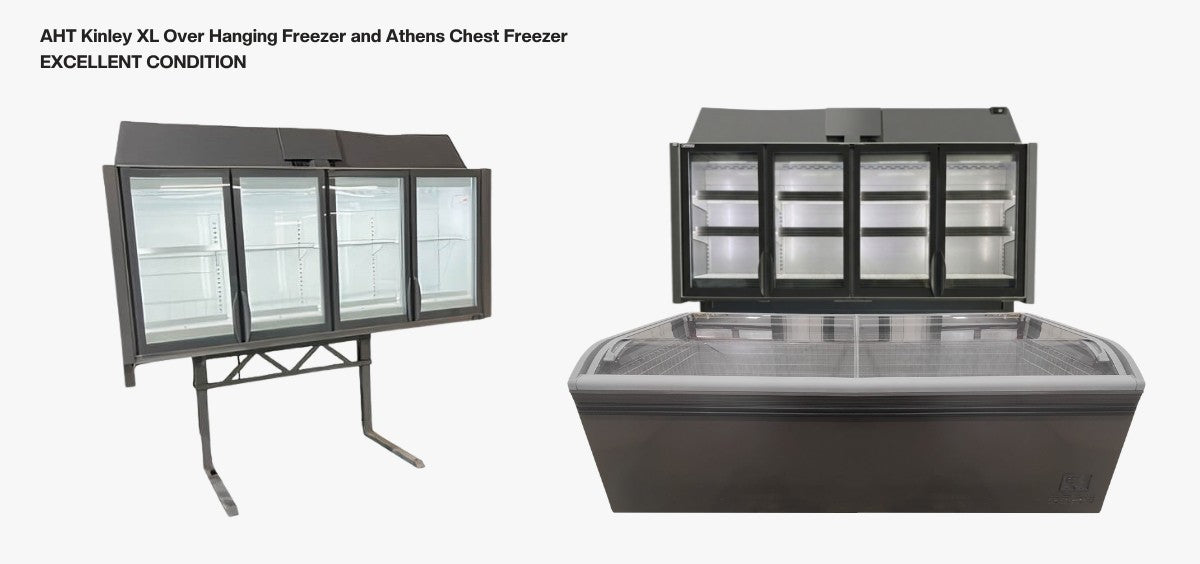 AHT Kinley XL over-hanging freezer and Athens chest freezer — product composite showing both units