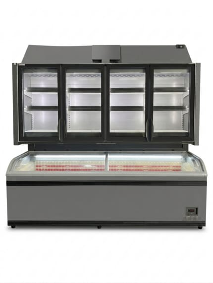 AHT Athens chest freezer with Kinley XL multideck display — full set assembled, front view with doors open